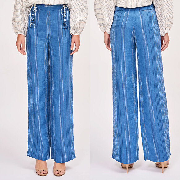 AMUR Leah Striped Linen Side Tie Stright Leg Pant in Blue Size 6 - Picture 3 of 16